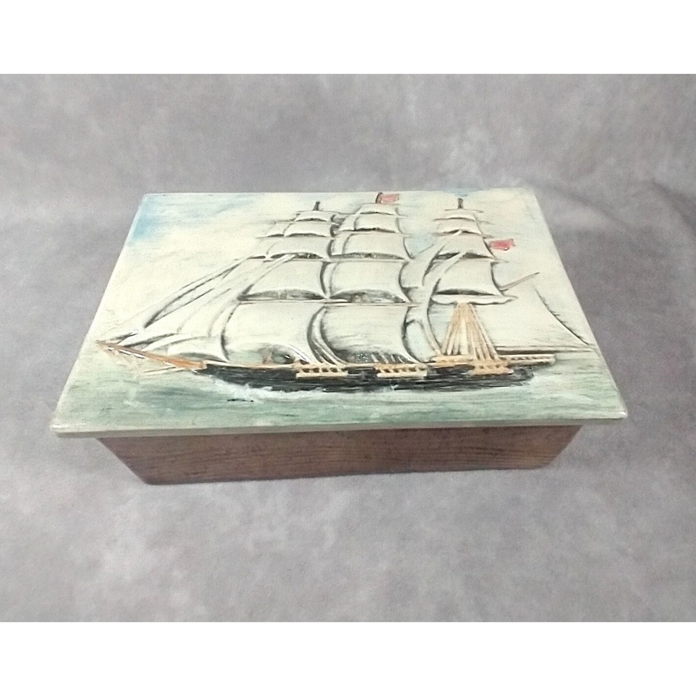 Vintage 1982 Jamal Mallory Ceramic Box w/ Hand Painted Schooner Sailing Ship‎